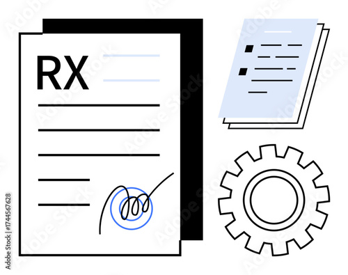 RX prescription paper with signature, a notepad, and a gear representing healthcare, workflow, automation, documentation, medical processes, efficiency and administrative tasks. Simple flat metaphor
