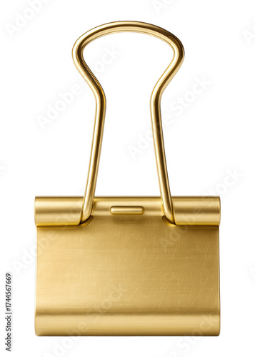 A shiny golden metal binder clip with a brushed texture, shown from the front with handles up, Isolated on Transparent and White Background