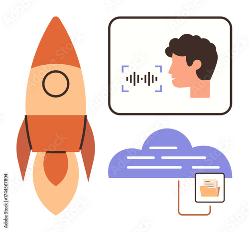 Rocket launch, audio recognition symbolized by voice and waveform, cloud storage icon with a connected file. Ideal for innovation, technology, AI, cloud computing, digital transformation, startups