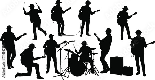 Silhouette rock band musicians playing guitars and drums on stage, live concert performance illustration, music festival background vector design