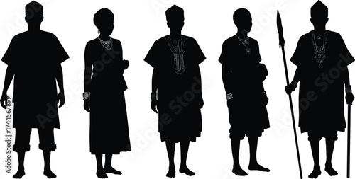 Silhouettes of African people in traditional clothing, cultural heritage illustration showing ethnic fashion, tribal identity, history, and lifestyle diversity.