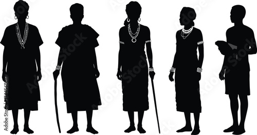 Silhouettes of African people wearing traditional clothing, cultural heritage illustration showing tribal fashion, ethnic identity, lifestyle, and community traditions.