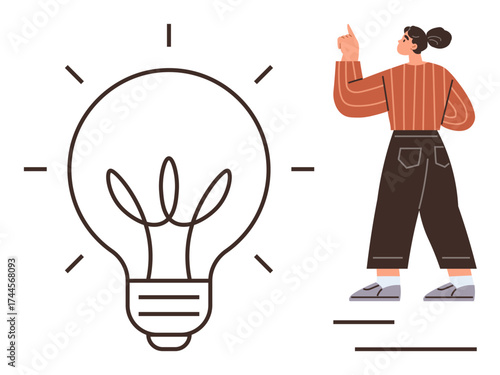 Woman gesturing toward a large glowing light bulb representing creativity and ideas. Ideal for innovation, brainstorming, problem-solving, motivation, inspiration, goal-setting, simple flat metaphor