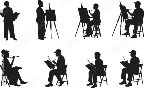 Silhouettes of artists painting and sketching on easels and canvases, creative people sitting and standing while making art illustration.