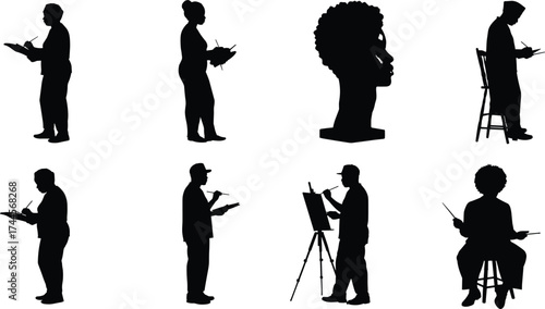 Silhouettes of artists painting and sketching, creative people working with brushes and easels, artistic design, sculpture, fine art illustration.