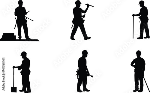 Silhouettes of construction workers in various poses with tools, hard hats, and equipment, symbolizing teamwork, safety, and building industry.