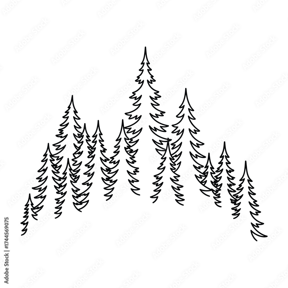 Obraz premium Cluster of pine trees in continuous line art forest.