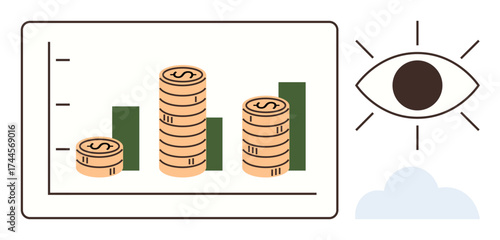 Bar chart with three coin stacks representing financial growth, observation eye for analytics emphasis. Ideal for finance, business, investment, analytics, data, strategy success. Simple flat