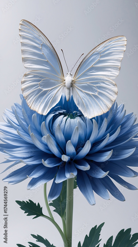 Obraz premium Whispery butterfly lands softly on pastel blue chrysanthemum in subtle macro floral capture floral botanical editorial photo wallpaper background