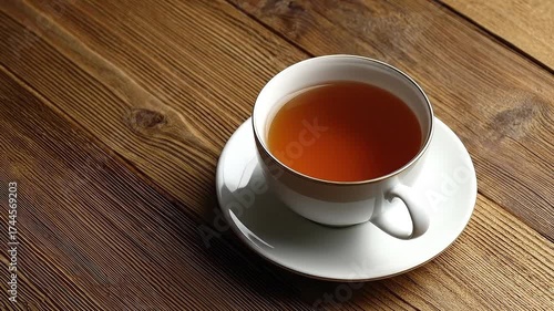 Teafilled cup on saucer placed on wooden table with visible wood grain texture