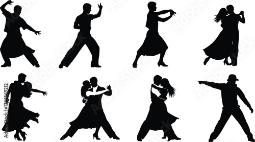 Silhouettes of dancing couples and solo dancers performing various dance styles, elegant motion poses, artistic choreography, expressive dance movement illustration.
