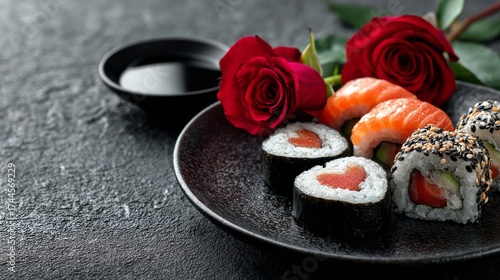Wallpaper Mural Heart-Shaped Sushi Art with Roses and Soy Sauce on Dark Surface Torontodigital.ca