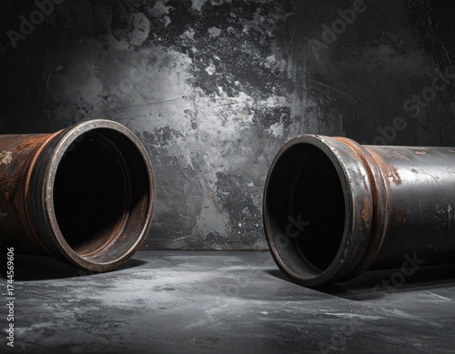 Rusty Industrial Pipes on Textured Dark Surface in Dramatic Lighting