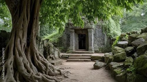 Temple entrance framed by tree and stone rubble lush foliage