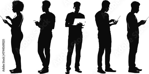 Silhouettes of diverse young people using smartphones and laptops, modern digital lifestyle, technology connection, online communication, teamwork concept illustration.