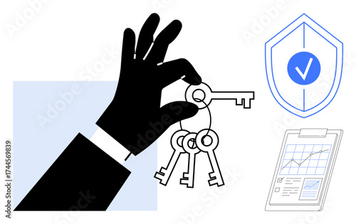 Hand holding keys symbolizing access, shield representing security, and report icon denoting analytics or planning. Ideal for security, access control, privacy, analysis, business, trust planning