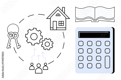 Keys, house, gears, calculator, and people symbolize home ownership, financial planning, teamwork, investment learning and real estate calculations. Ideal for finance real estate collaboration