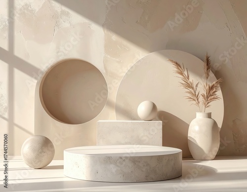 Minimalist Beige Composition Featuring Geometric Shapes and Natural Light Displaying a Product on a Podium