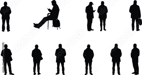 Silhouettes of men standing and using mobile phones, casual urban lifestyle, technology communication, business and everyday modern people.