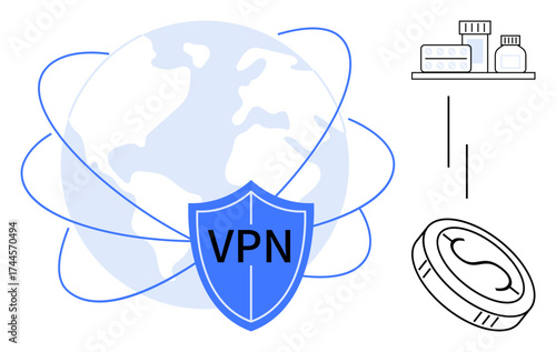 Earth with VPN shield, orbit lines, medicine bottles on a shelf, and a coin. Ideal for cybersecurity, data protection, online privacy, healthcare security e-commerce finance global network. Simple