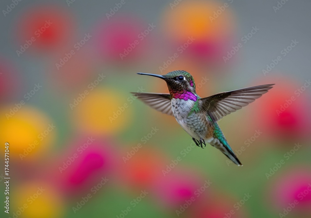 Fototapeta premium Vibrant Hummingbird in Flight with Colorful Floral Background, Perfect for Nature Enthusiasts and Wildlife Photography.