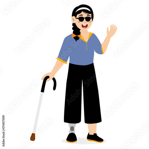 International Day of Persons with Disabilities. Cheerful, smiling figures with physical disabilities: wheelchair-bound, blind, and with prosthetic arms and legs. Cheerful, positive girls and boys.