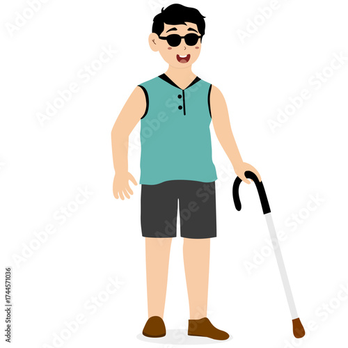 International Day of Persons with Disabilities. Cheerful, smiling figures with physical disabilities: wheelchair-bound, blind, and with prosthetic arms and legs. Cheerful, positive girls and boys.
