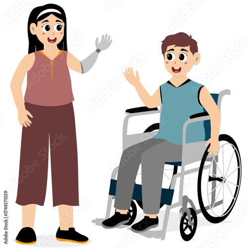 International Day of Persons with Disabilities. Cheerful, smiling figures with physical disabilities: wheelchair-bound, blind, and with prosthetic arms and legs. Cheerful, positive girls and boys.