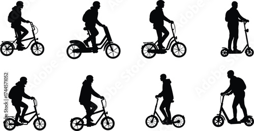 Silhouettes of people riding bicycles and scooters, urban commuting, eco-friendly transport, modern lifestyle, sustainable travel, city mobility, active transportation.