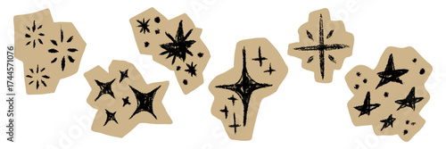 Grunge hand drawn star and sparkle sticker set. Textured doodle celestial elements with rough edges. Cutout paper scrapbook decoration in crayon modern style. Isolated vector illustration for design.