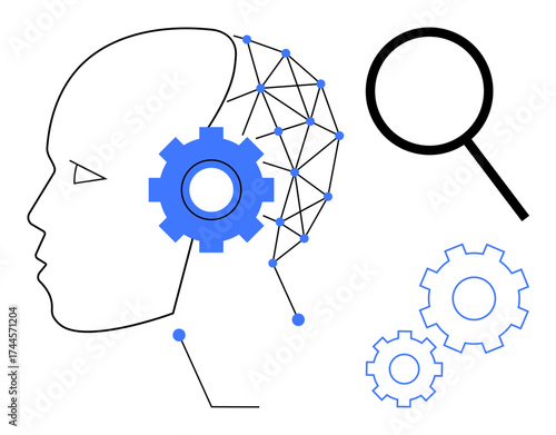 Human head with neural network, blue gear, and magnifying glass representing AI, machine learning, and research. Ideal for technology, innovation, brain, automation data analysis education