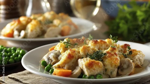 Two plates of chicken casserole with peas carrots and mushrooms set on a tablecloth