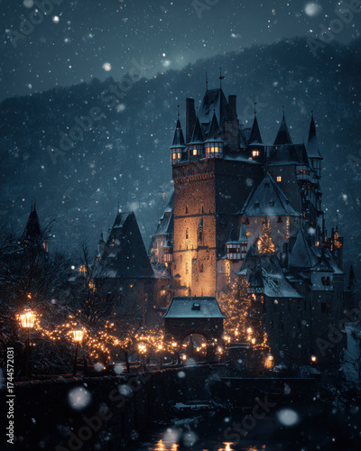 Snowfall over glowing medieval castle with warm lights and festive decorations creates magical winter night full of charm and mystery