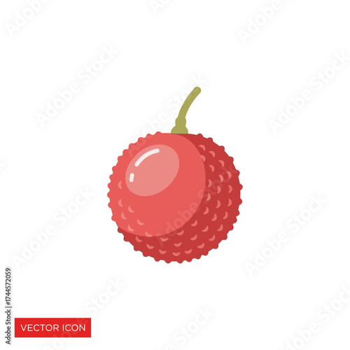 A single, ripe lychee fruit with a green stem, isolated on white background.