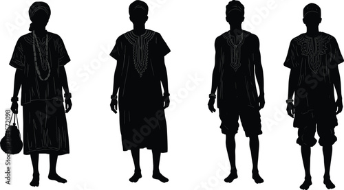 Silhouettes of people wearing traditional African clothing, cultural fashion illustration showing heritage, ethnic attire, community identity, and traditional elegance.