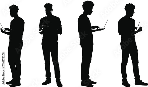 Silhouettes of young men using laptop and tablet, modern digital communication, technology lifestyle, online work, internet connection concept.