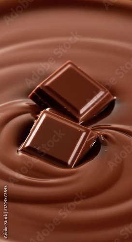 Rich Melted Chocolate Swirl Background with Floating Squares for Confectionery
