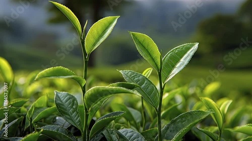 Vibrant green tea plants with delicate leaves in a lush outoffocus tea garden backdrop