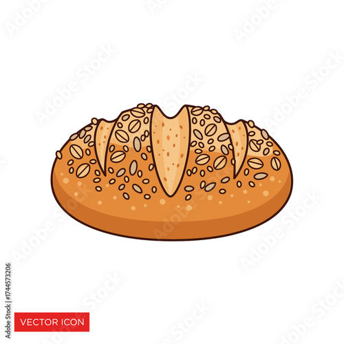 A cartoon illustration of a loaf of bread, covered in seeds and oats.