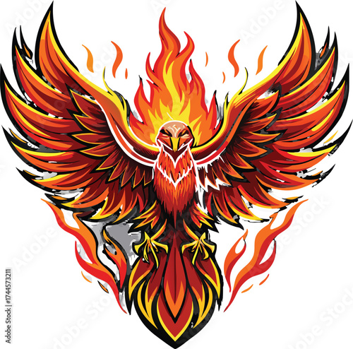 Streetwear vector T shirt design illustration of a phoenix bird rising from flames