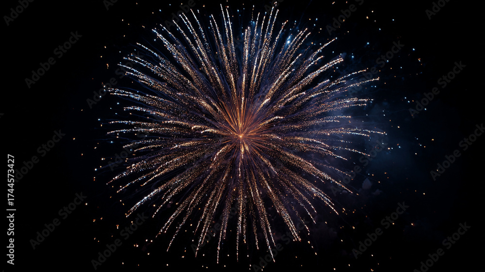 Fototapeta premium Vibrant firework explodes in night sky, creating dazzling display of light and color. intricate patterns and bright sparks captivate viewer attention