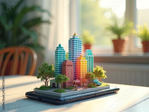 Vibrant miniature cityscape model displayed on a smartphone, surrounded by greenery indoors