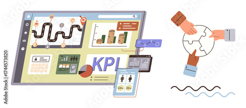 Tablet screen with KPI dashboards, charts, graphs, and puzzle-piece hands symbolizing teamwork. Ideal for data analysis, teamwork, goals, collaboration, business strategy productivity simple flat