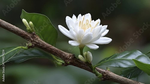 White blossom on a branch with leaves  buds against a blurry green background