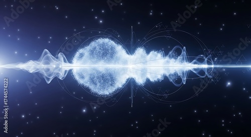 Abstract energy field with luminous wave and particles in dark space.