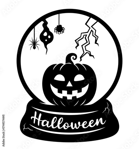 Halloween globe with carved pumpkin jack o lantern, hanging spider and dripping shapes inside cracked crystal ball