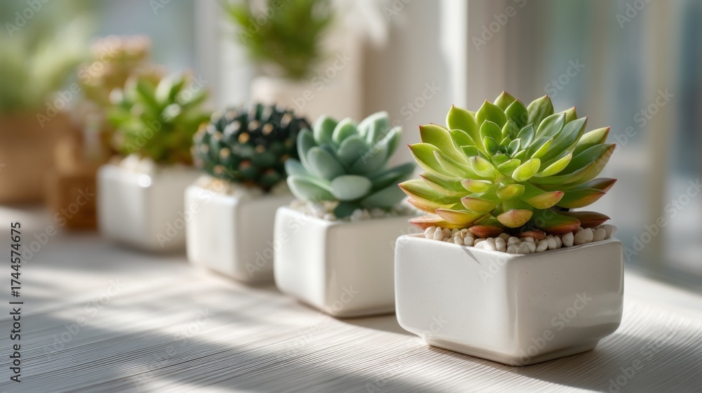 Obraz premium Succulent Plants in White Pots with Decorative Rocks on Sunlit Wooden Surface