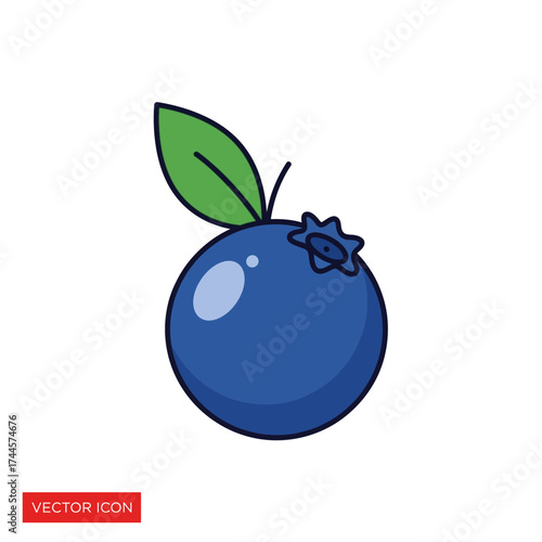 A single, vibrant blueberry with a green leaf, presented in a simple, illustrative style.