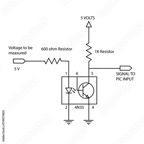 Electronic Circuit Diagram With Optocoupler 4N35, LED, Resistors, 5V Supply, and PIC Input Signal