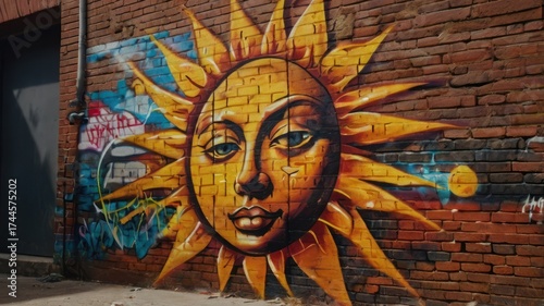 Vibrant sun mural on a brick wall, showcasing artistic expression in an urban setting (1)